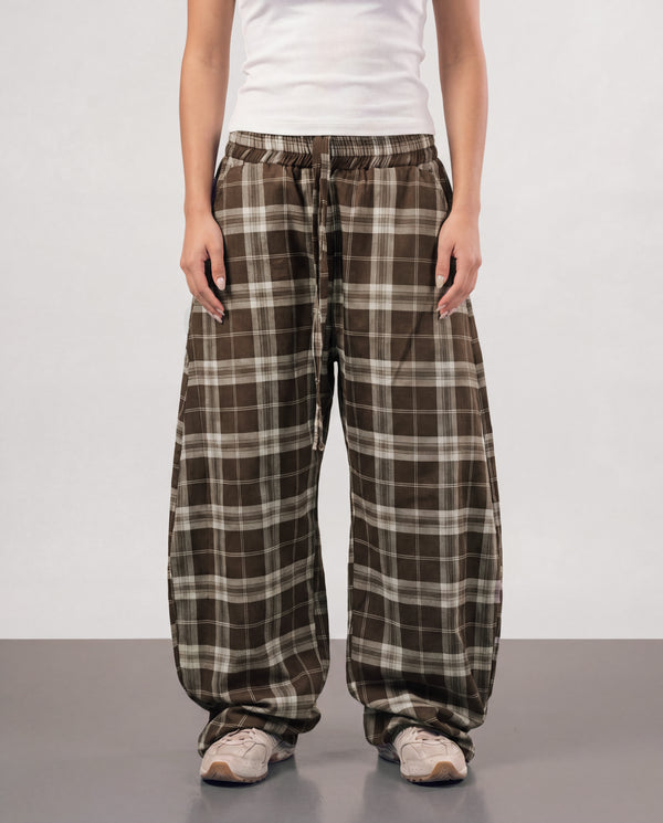 Plaid Wide-Leg Trousers - Brown