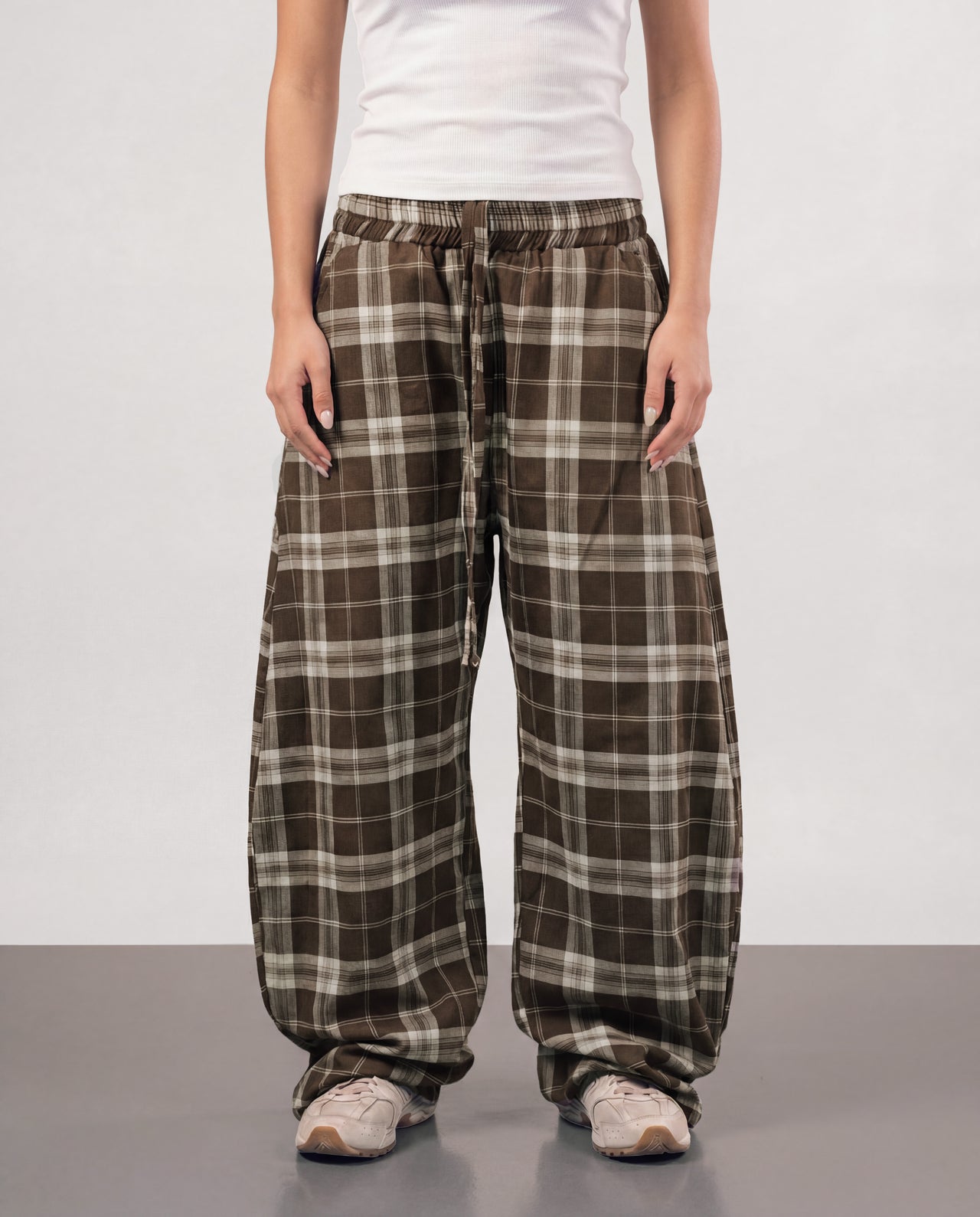 Plaid Wide-Leg Trousers - Brown