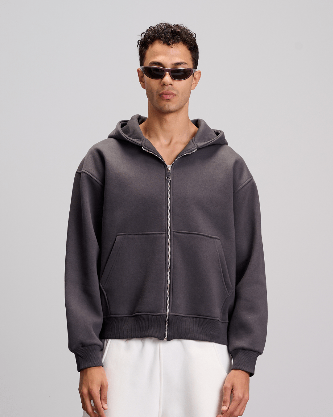 Boxy Zip-Up Sweatshirt - Dark Grey