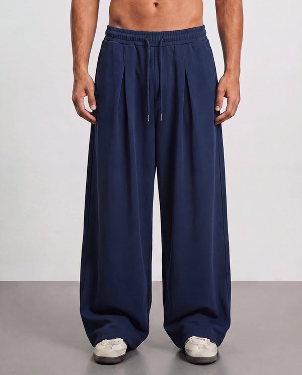 Pleated Wide Leg Sweatpants - Navy