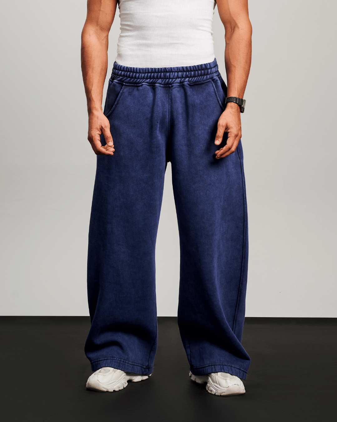 Washed Wide Leg Sweatpants - Navy