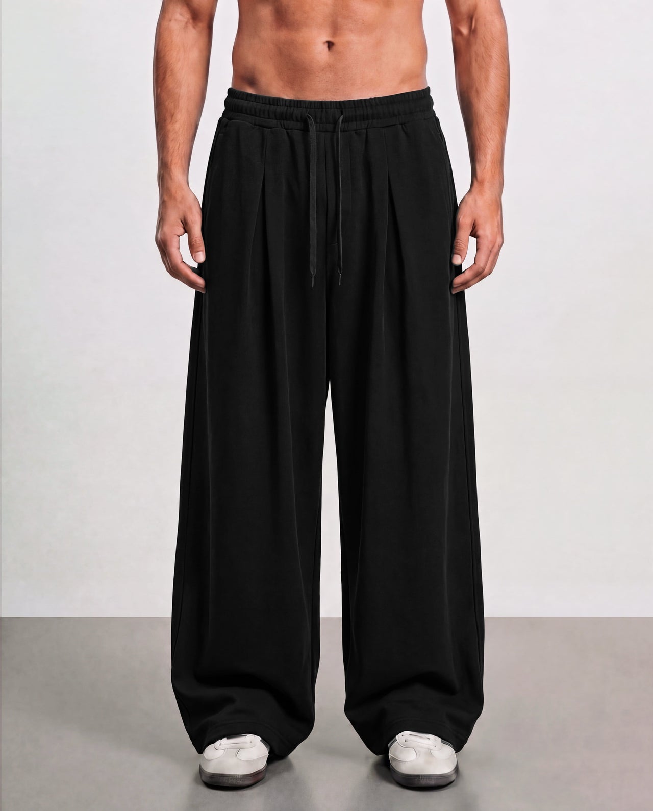 Pleated Wide Leg Sweatpants - Black
