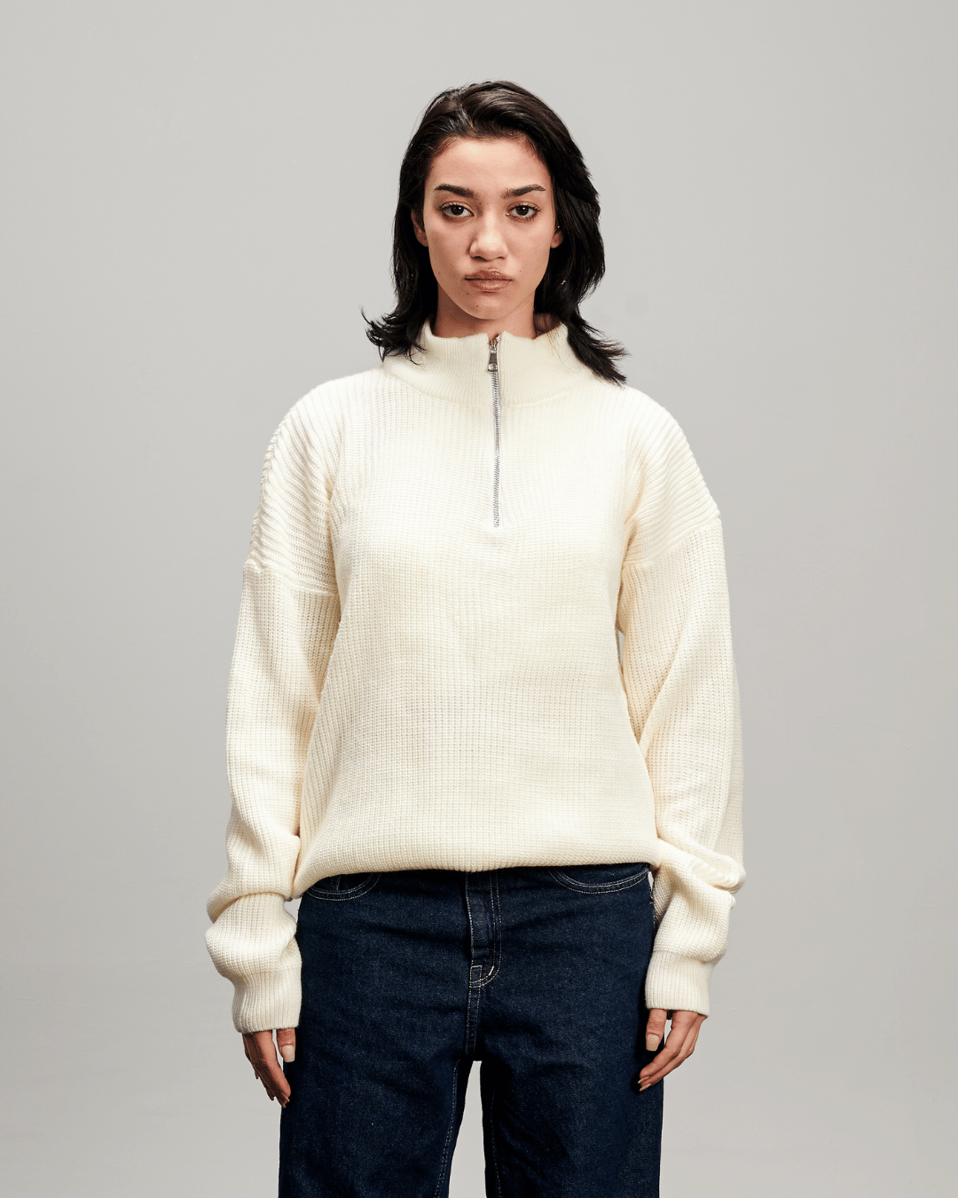 Knit Quarter Zipper - White