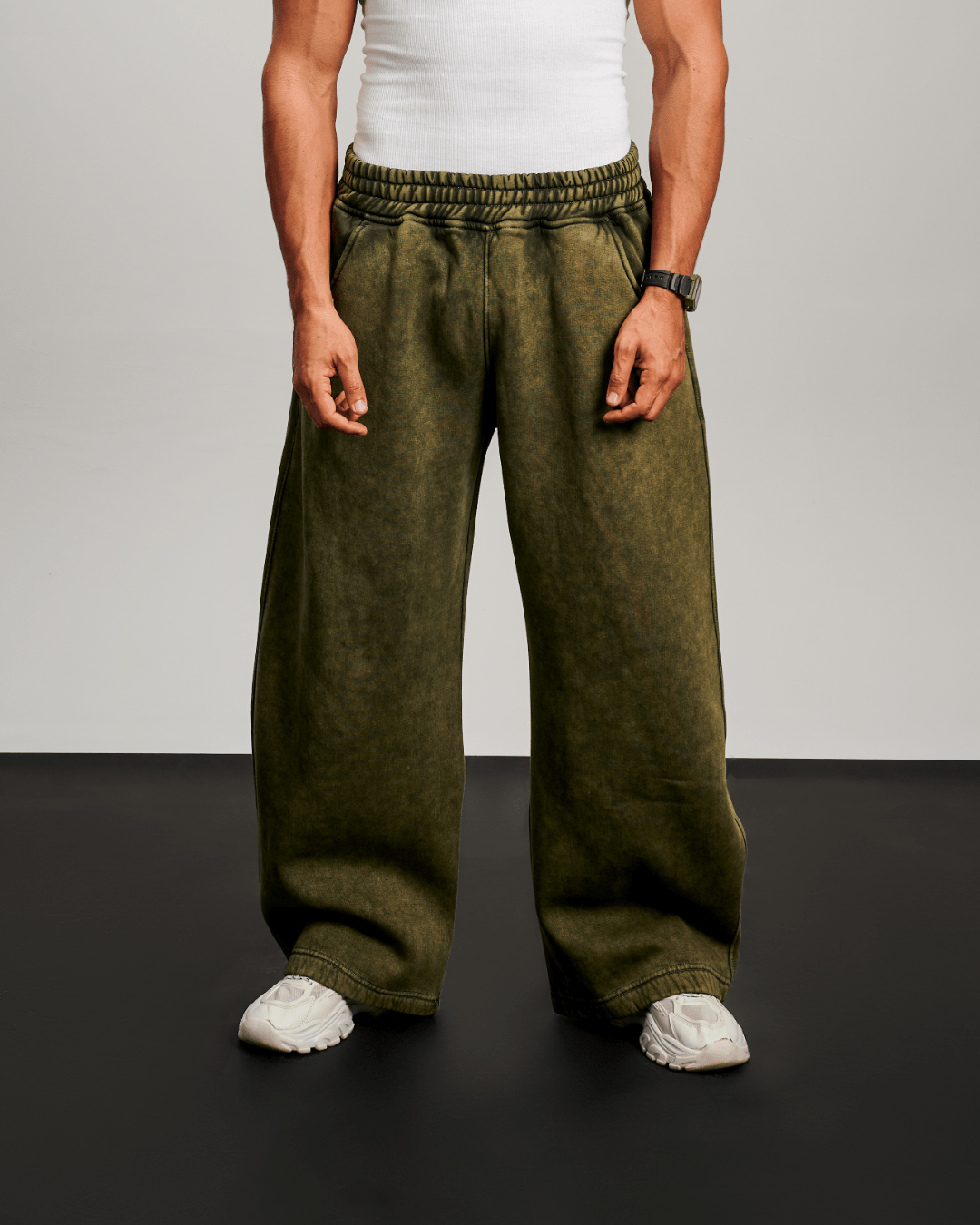 Washed Wide Leg Sweatpants - Olive