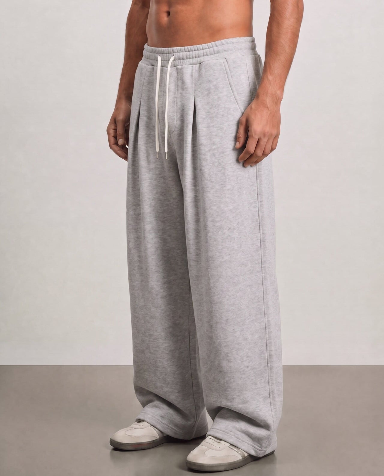 Pleated Wide Leg Sweatpants - Light Grey