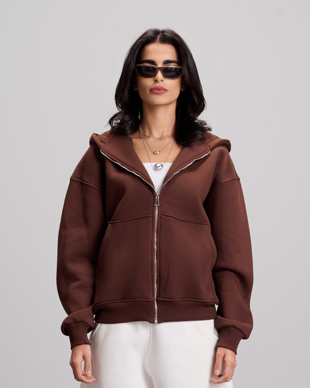 Boxy Zip-Up Sweatshirt - Brown