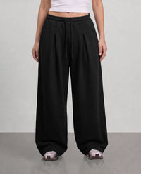 Pleated Wide Leg Sweatpants - Black
