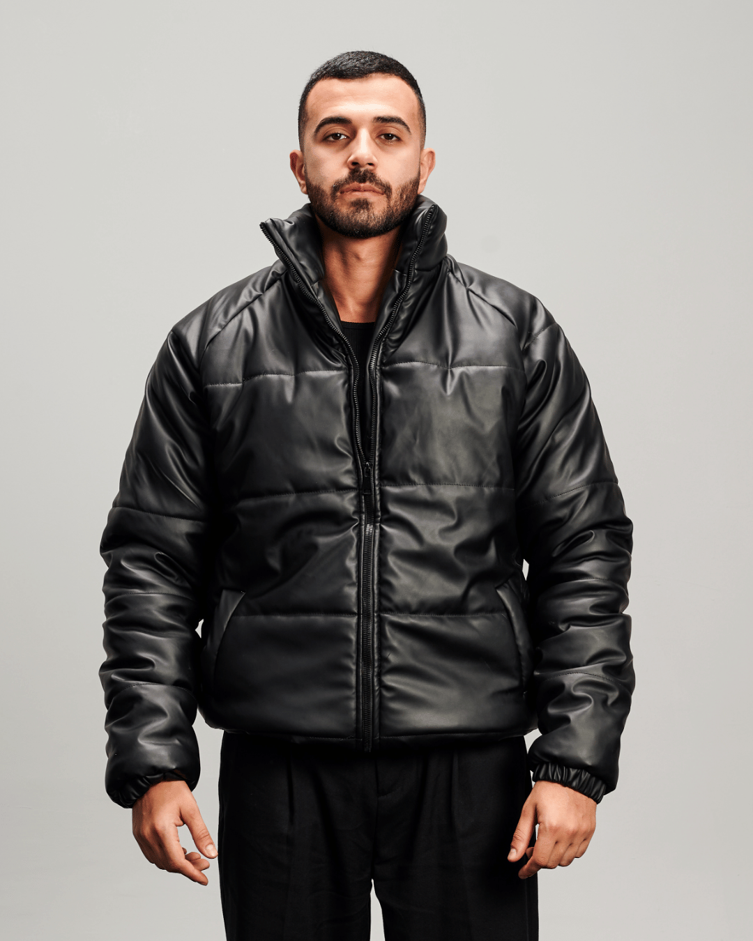 Leather Puffer Jacket - Black
