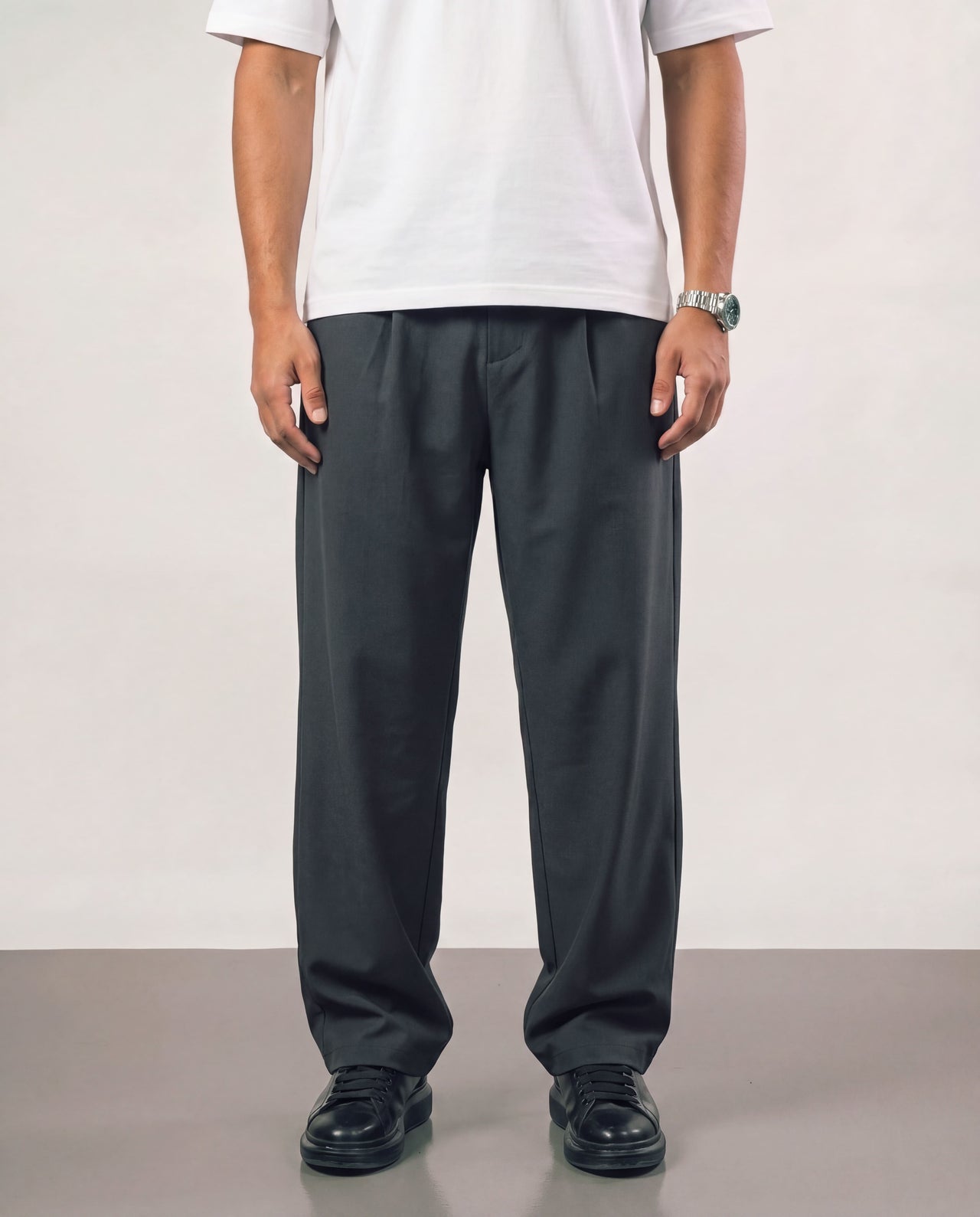 Baggy Double Pleated Pants - Dark Grey