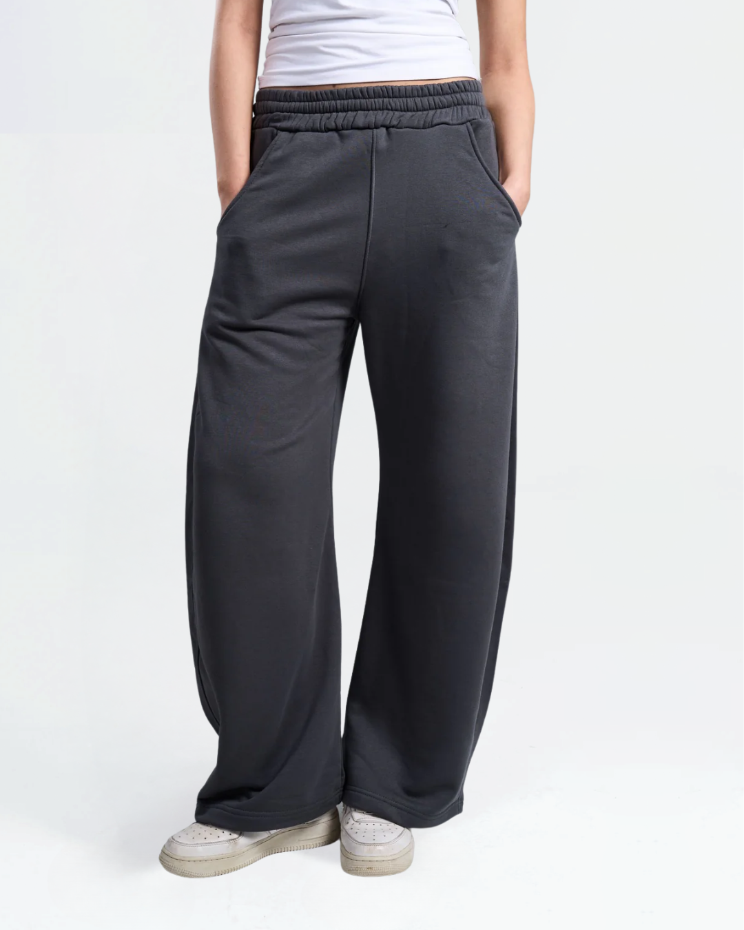 Female model wearing Dark Grey Wide Leg Sweatpants
