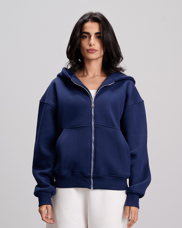 Boxy Zip-Up Sweatshirt - Navy