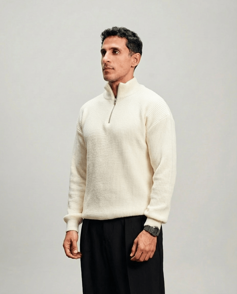 Knit Quarter Zipper - White