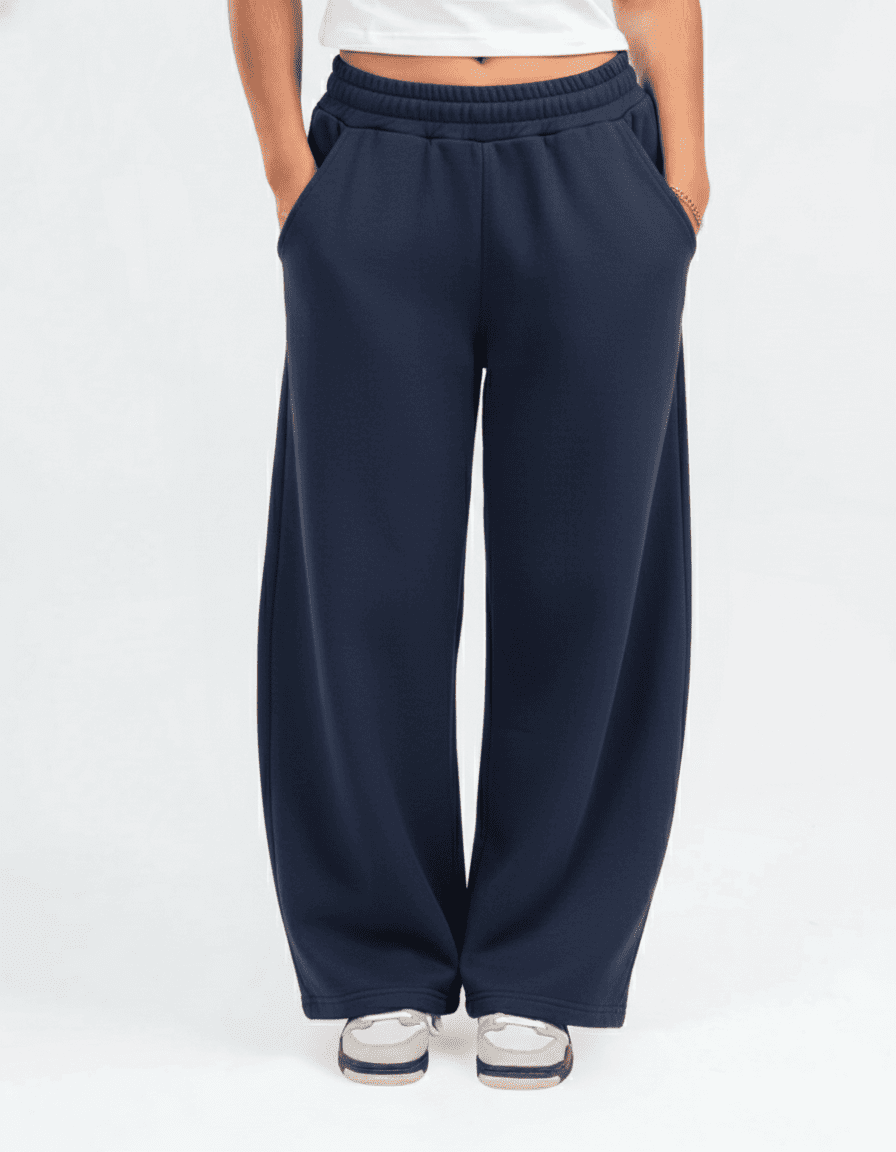 Female model wearing Navy Wide Leg Sweatpants