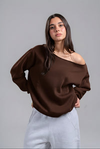 Brown Off Shoulder Sweatshirt front view