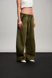 Washed Wide Leg Sweatpants - Olive