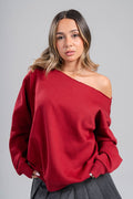 Burgundy Off Shoulder Sweatshirt closeup