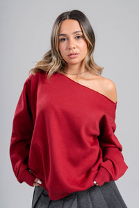 Burgundy Off Shoulder Sweatshirt closeup
