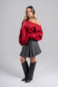 Burgundy Off Shoulder Sweatshirt outfit