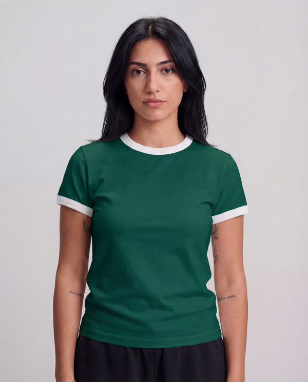 Women Contrast T-Shirt - Emerald Green x White