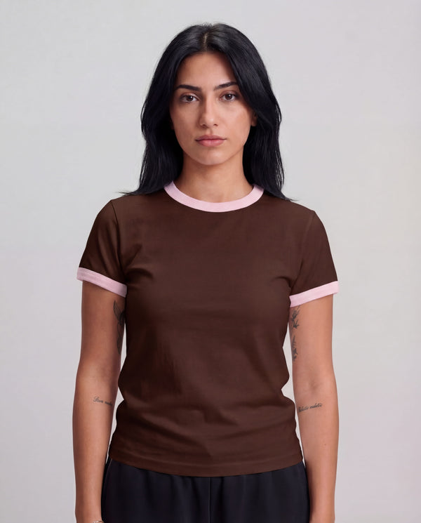 Women Contrast T-Shirt - Brown x Pink