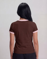 Women Contrast T-Shirt - Brown x Pink